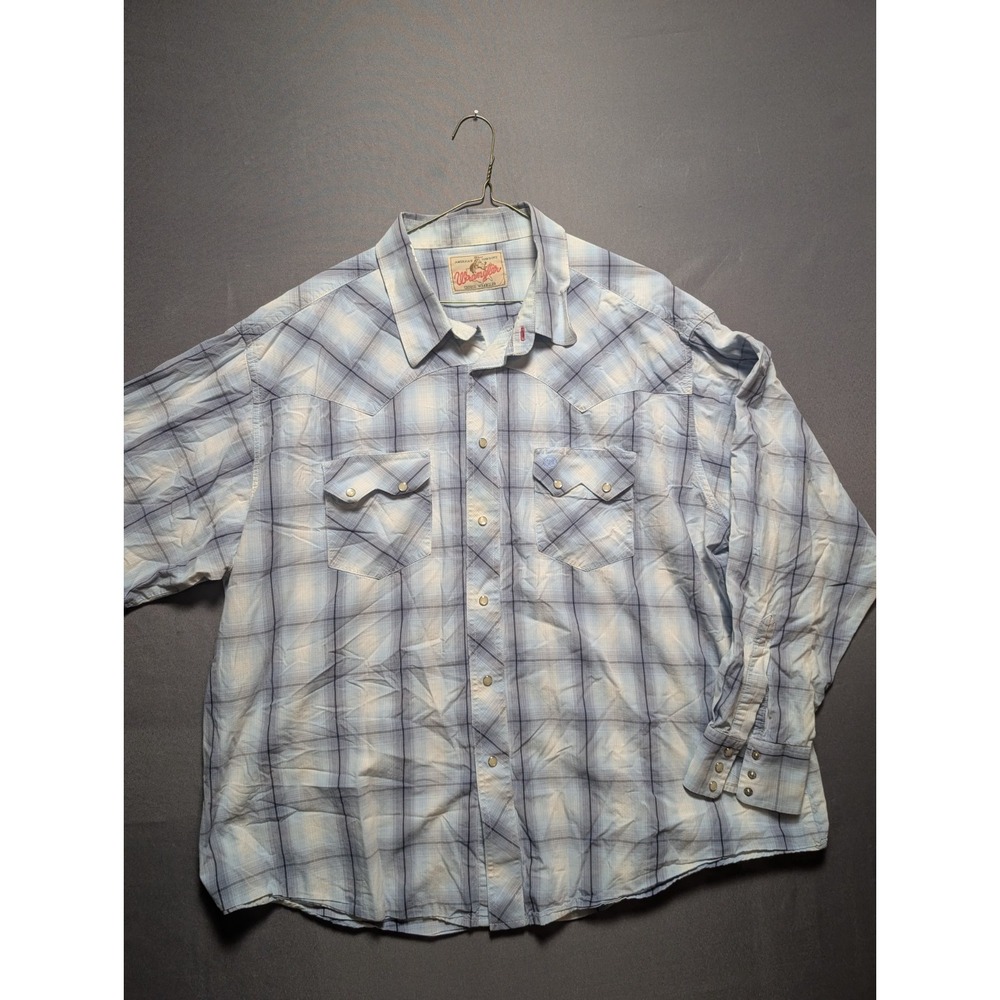 Wrangler Western Shirt Mens Blue White Plaid Pearl Snap Curved Hem Cowboy L